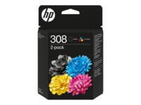 HP 308 2-Pack Tri-color/Black Original Combo Sort, Cyan, Magenta, Gul 160 sider Blæk