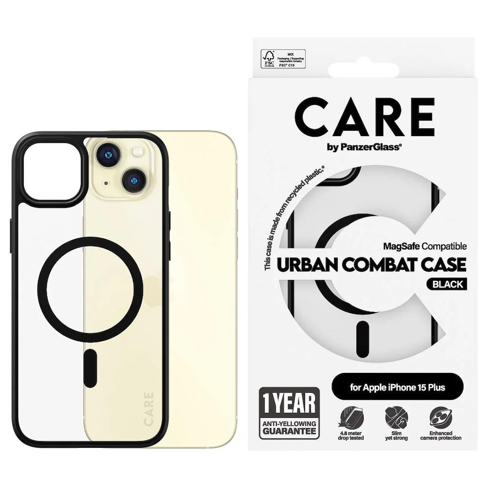 PanzerGlass CARE by Flagship Case Transparent Urban Combat w. Black MagSafe iPhone 15 Plus Beskyttelsescover Transparent